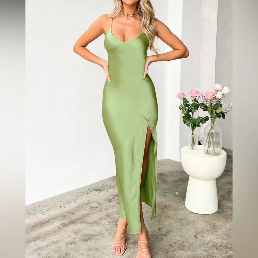 Beginning Boutique Green Maxi Slip Dress with Slit - Picture 1 of 6
